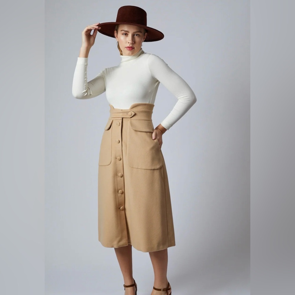 Behida Dolic Elegant Tan High-Waisted Button Front Wool Midi Skirt - Size L - Picture 2 of 13